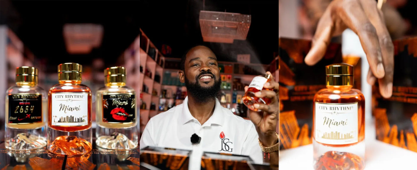 This image is composed of three images, one with 3 City Rhythm perfume bottles lined up side to side (2654, Miami, and another version of City Rhythm Miami), the next picture is of Jean from JSG spraying the City Rhythm perfume in his perfume shop, and the last image is of Jean's hand reaching for the City Rhythm perfume bottle in his perfume shop.