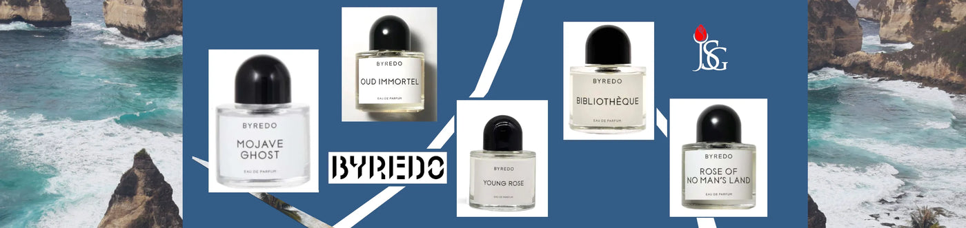 This is a cover image for the Byredo fragrance collection. The background consists of a beach cliff with waves crashing. The foreground contains a light hue blue royal navy background with cutouts of lightning bolts. The lighting bolts are transparent. Pasted on the foreground are multiple Byredo perfume bottles including: Mojave Ghost, Oud Immortel, Young Rose, Bibliotheque, and Rose of No Man’s Land.
