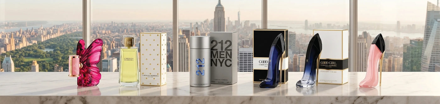 Carolina Herrera Perfume collection placed in a grey black stained marble top with New Work City Central Park and its surroundings viewed from a PentHouse glass window.