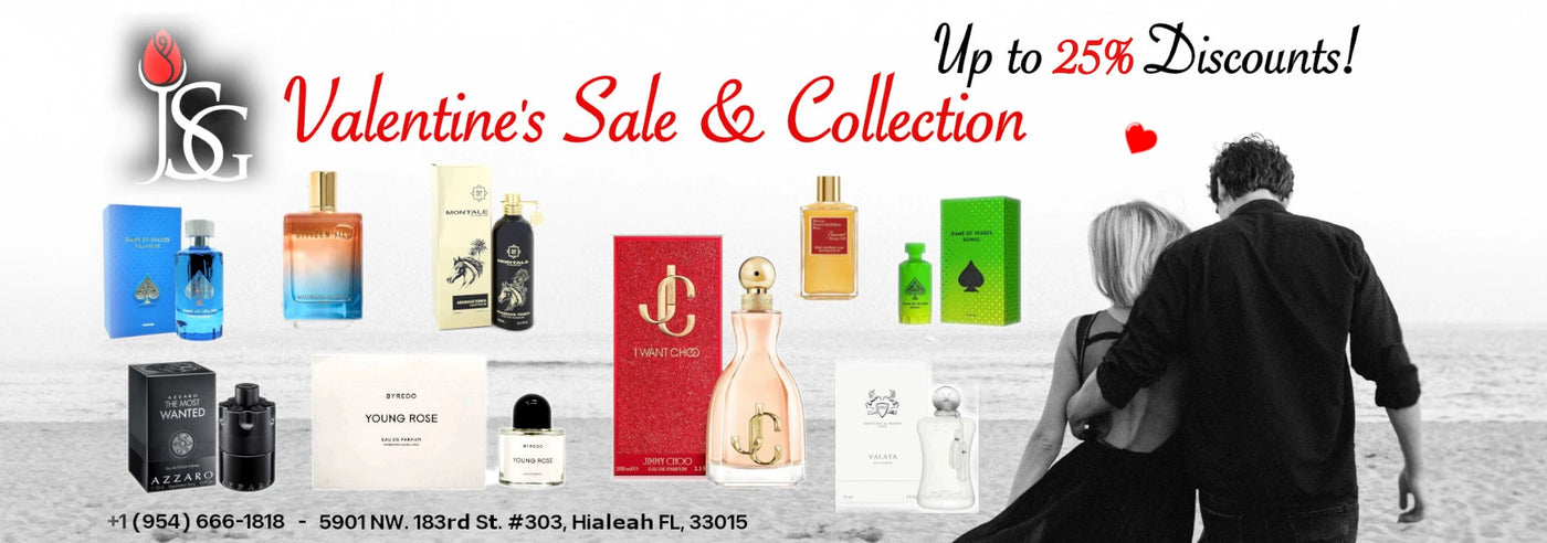 This is a black and white image of a couple walking on the beach. They are walking away from the camera toward the water. On the foreground, there is a promotion for a Valentine's Day Perfumes promotion at with up to 25% off discounts. Some perfumes listed for the available Valentine's Day discounts are Azzaro, Byredo, Jimmy Choo, Jo Milano, Montale, and Michael Malul.