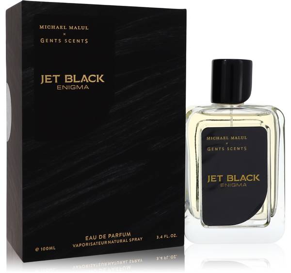 Michael Malul Jet Black Enigma cologne bottle shown beside its black outer packaging box
