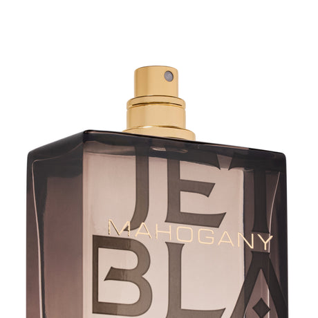 Close-up of the Michael Malul Jet Black Mahogany bottle label and wood-tone cap detailing