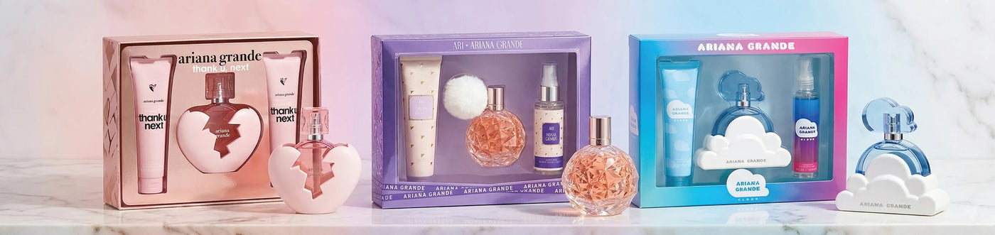 Ariana Grande Perfume collection placed on a white marble top. thank u, next. Ari. Cloud gift set