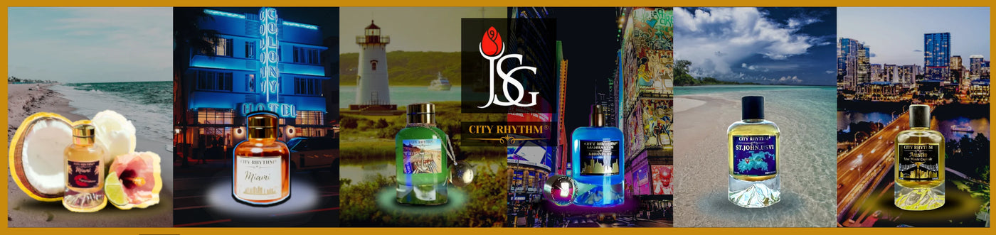 Banner image with horizontal layout of 6 City Rhythm fragrances. Each section has an image of an iconic city where the perfume was inspired from and the bottled perfume. Left to right; Miami Tropical Confessions; Sandy Beach shoreline, Miami; South Beach Colony Hotel, Martha's Vineyard - Iconic Lighthouse, Manhattan - Times Square, St. John's - Crystalline Beach, Austin - Image of Austin city's Skyline