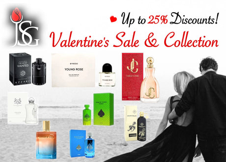 This is a black and white image of a couple walking on the beach. They are walking away from the camera toward the water. On the foreground, there is a promotion for a Valentine's Day Perfumes promotion at with up to 25% off discounts. Some perfumes listed for the available Valentine's Day discounts are Azzaro, Byredo, Jimmy Choo, Jo Milano, Montale, and Michael Malul.