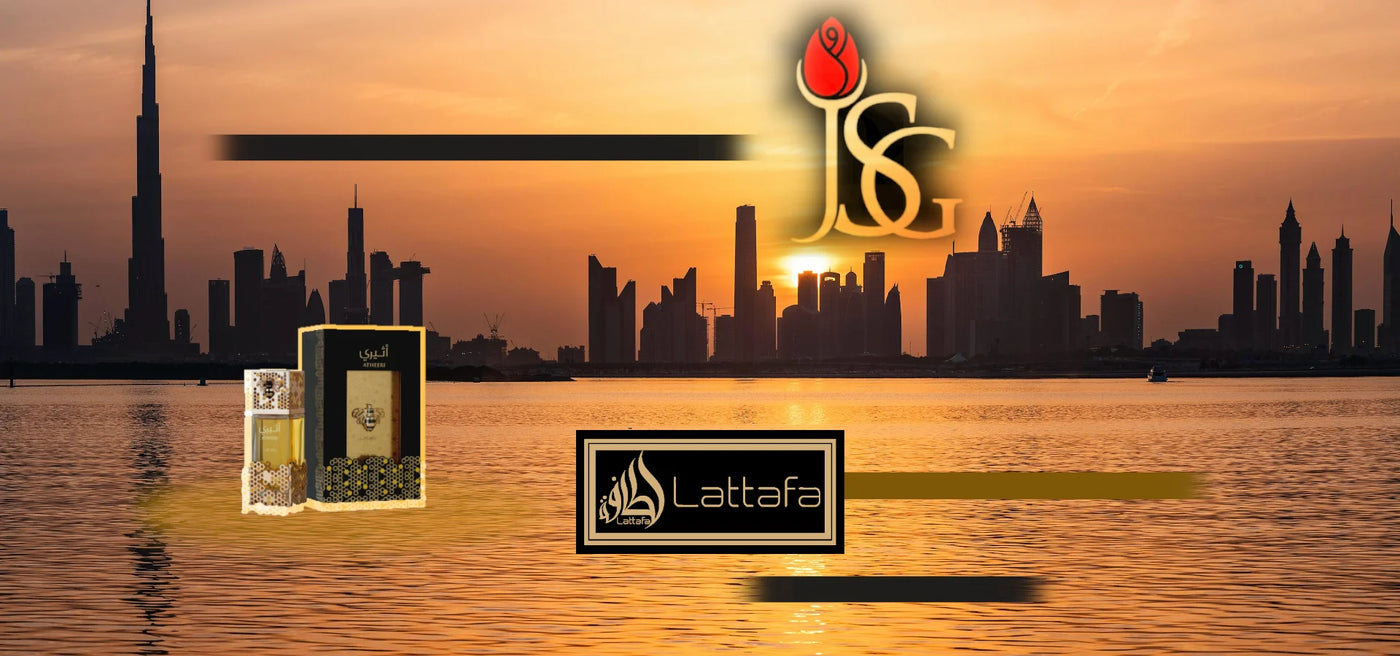 Image of Dubai City Skyline taken from the shoreline. The image is orange hue from the sunset and the buildings are shaded black from nightfall. There is a cutout picture of the Lattafa Atheeri Eau de Parfum pasted on the water. The JeanSmell Good and Lattafa logos are also pasted on the foreground.