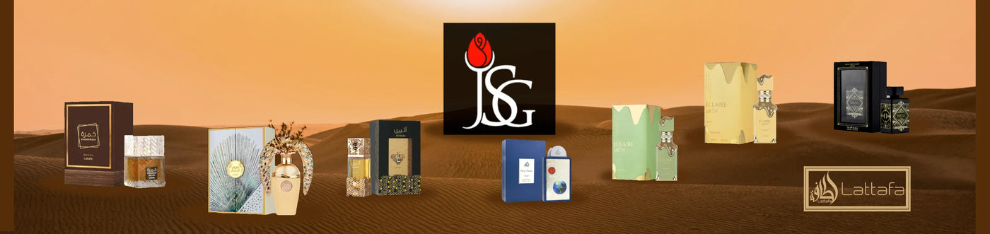 This is a banner image for the Lattafa perfume brand. The background is a sunset in an Arabian desert with an enormous orange hue. There is a line up of perfumes laid out in the desert sand, starting from left to right: Khamrah Qahwa,  Afeef, Atheeri, Pride Art of Universe, Eclaire Pistache, Eclaire Banoffi, and Bade'e Al Oud for Glory.