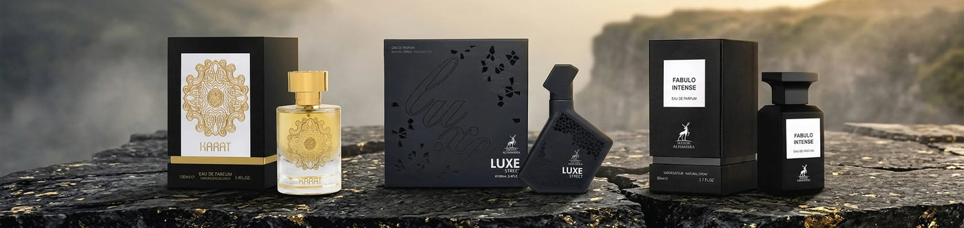 Maison Alahambra Perfume collection atop a cliff rock with a mossy cliff background.